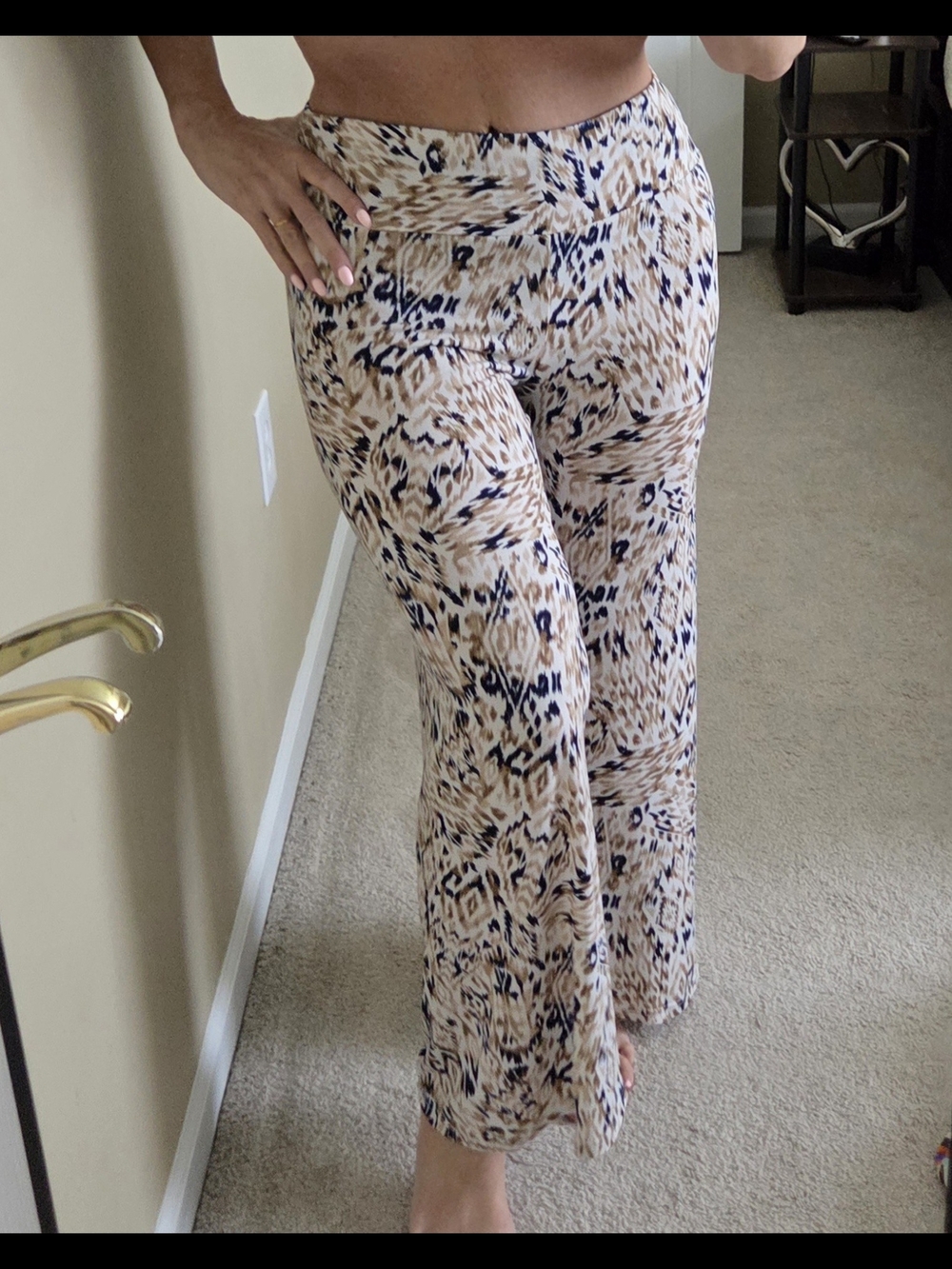 Veronica M Navy and Beige Abstract Print Boot-Cut Pants